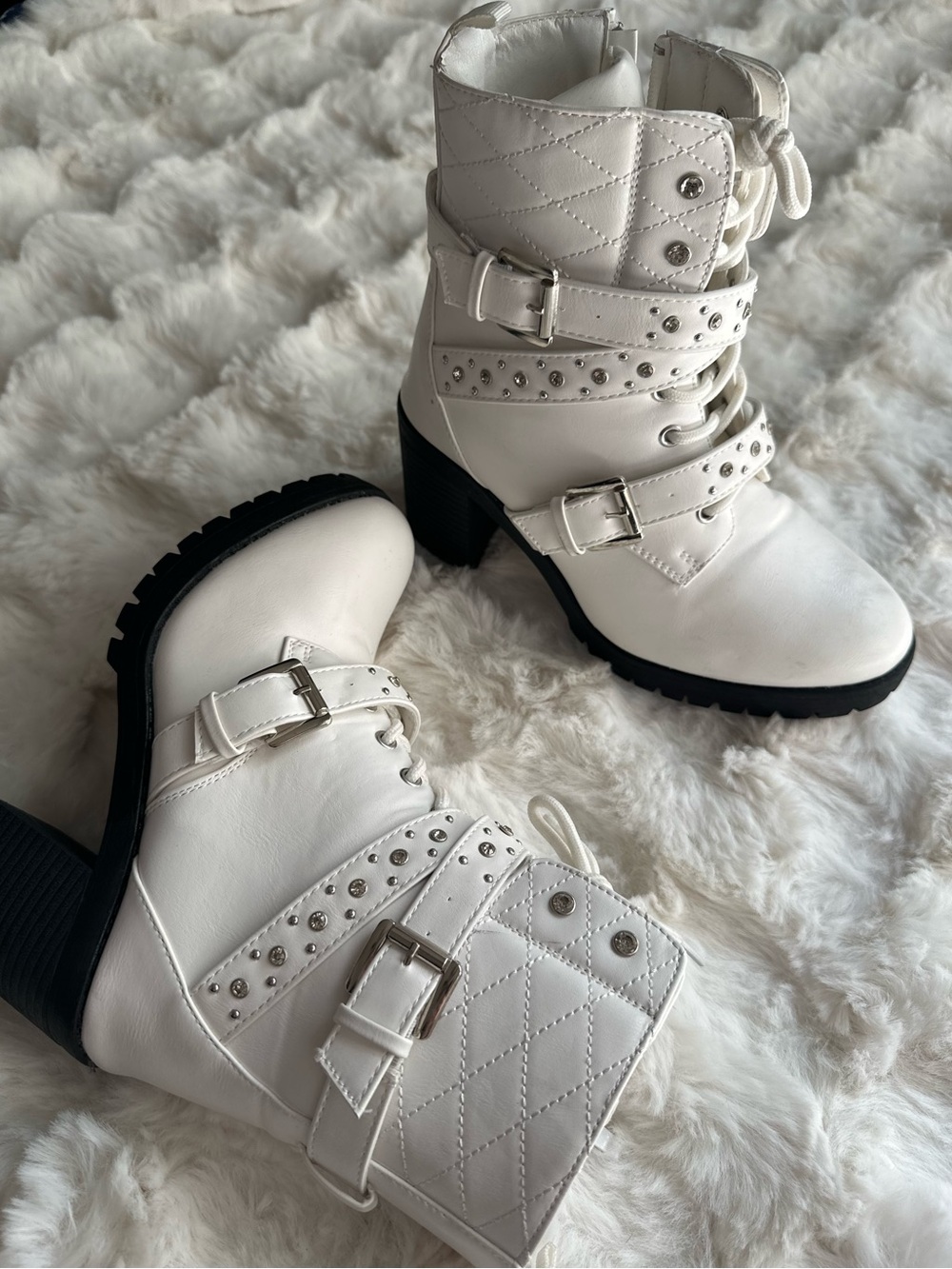 White Gem Studded Quilted Combat Cowgirl Heeled Essential Statement Boots -Women